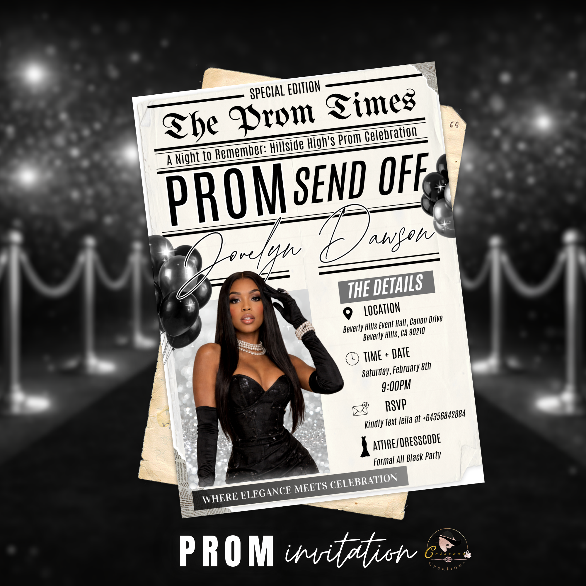 Newspaper Prom Send Off Party Invitation, Black Silver Prom Queen with photo invite, Girl Prom Night Flyer Card, Digital Printable Template