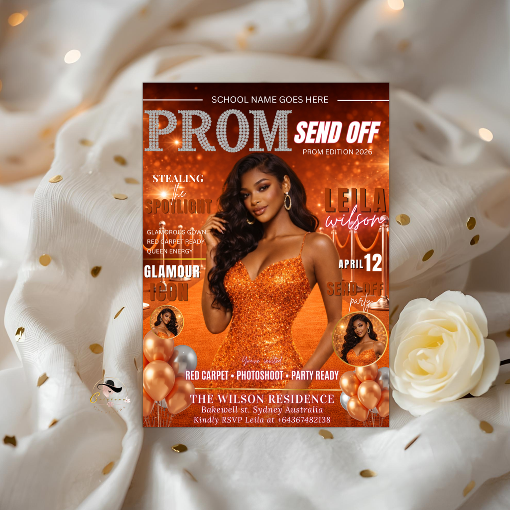 Orange Prom Send Off Party Invitation, Prom Queen with photo invite, Girls Prom Night Flyer Card, Magazine Cover, Digital Printable Template