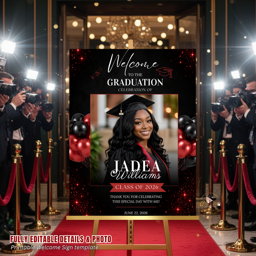 Red Graduation Welcome Sign with Photo, Class of 2026 Party Sign, High School College Grad Dinner Brunch For Him and Her, Printable Template
