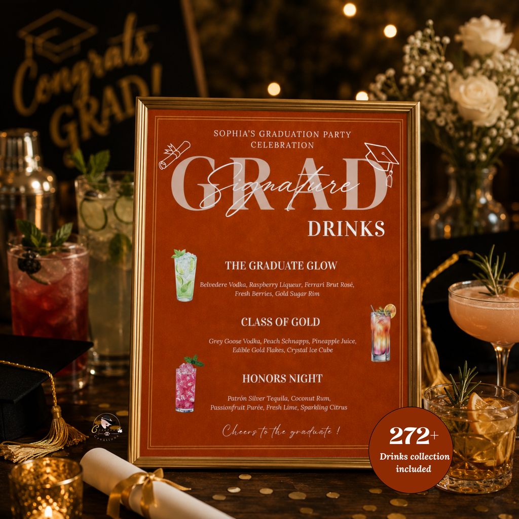 Orange Graduation Drink Menu Sign, Signature Drinks Bar Menu, Senior Grad Party Soda Bar Menu for High School College, Printable Template