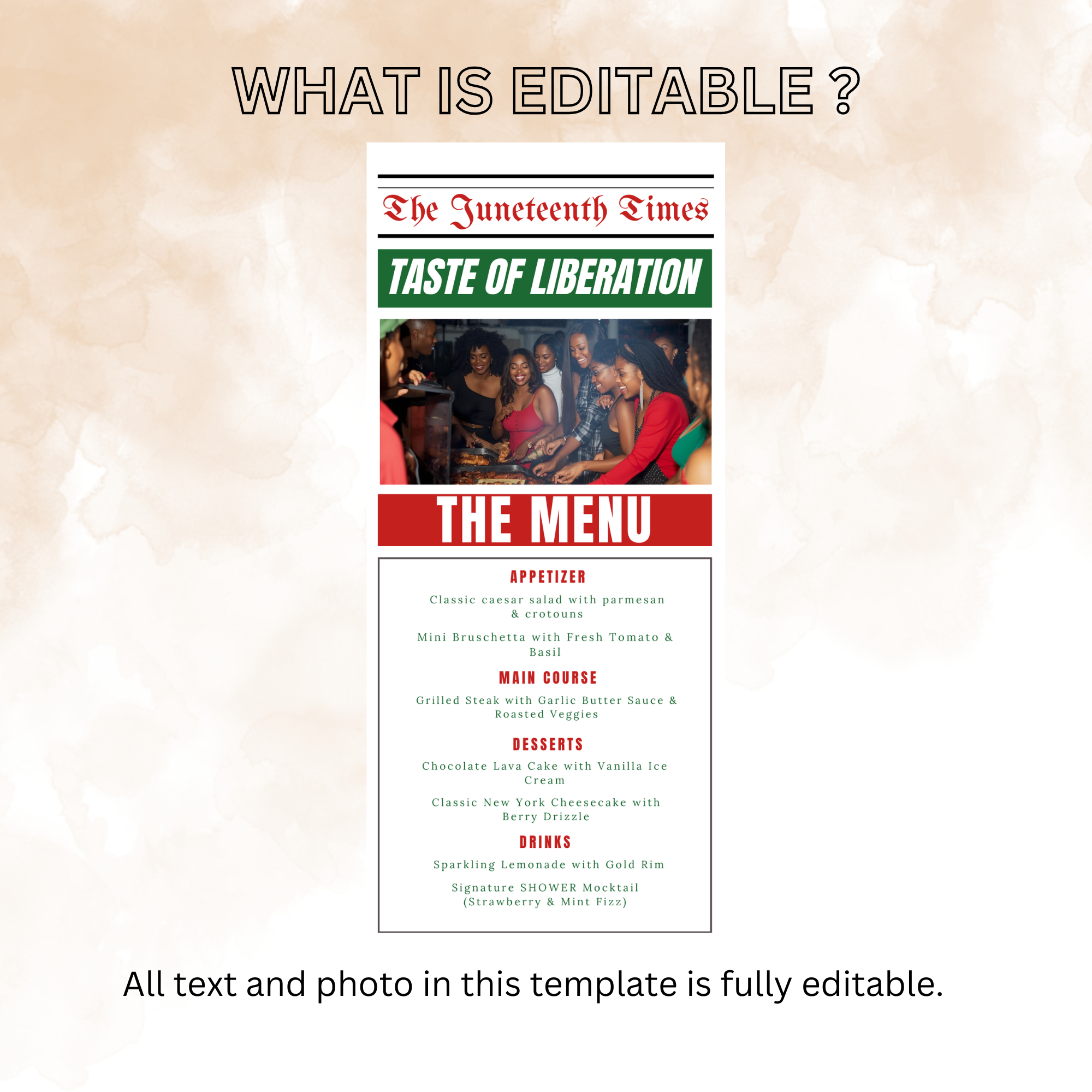 Juneteenth Newspaper Menu with Photo, Black Freedom Day BBQ Cookout Menu, Juneteenth Dinner Brunch Menu Printable Editable Digital Template