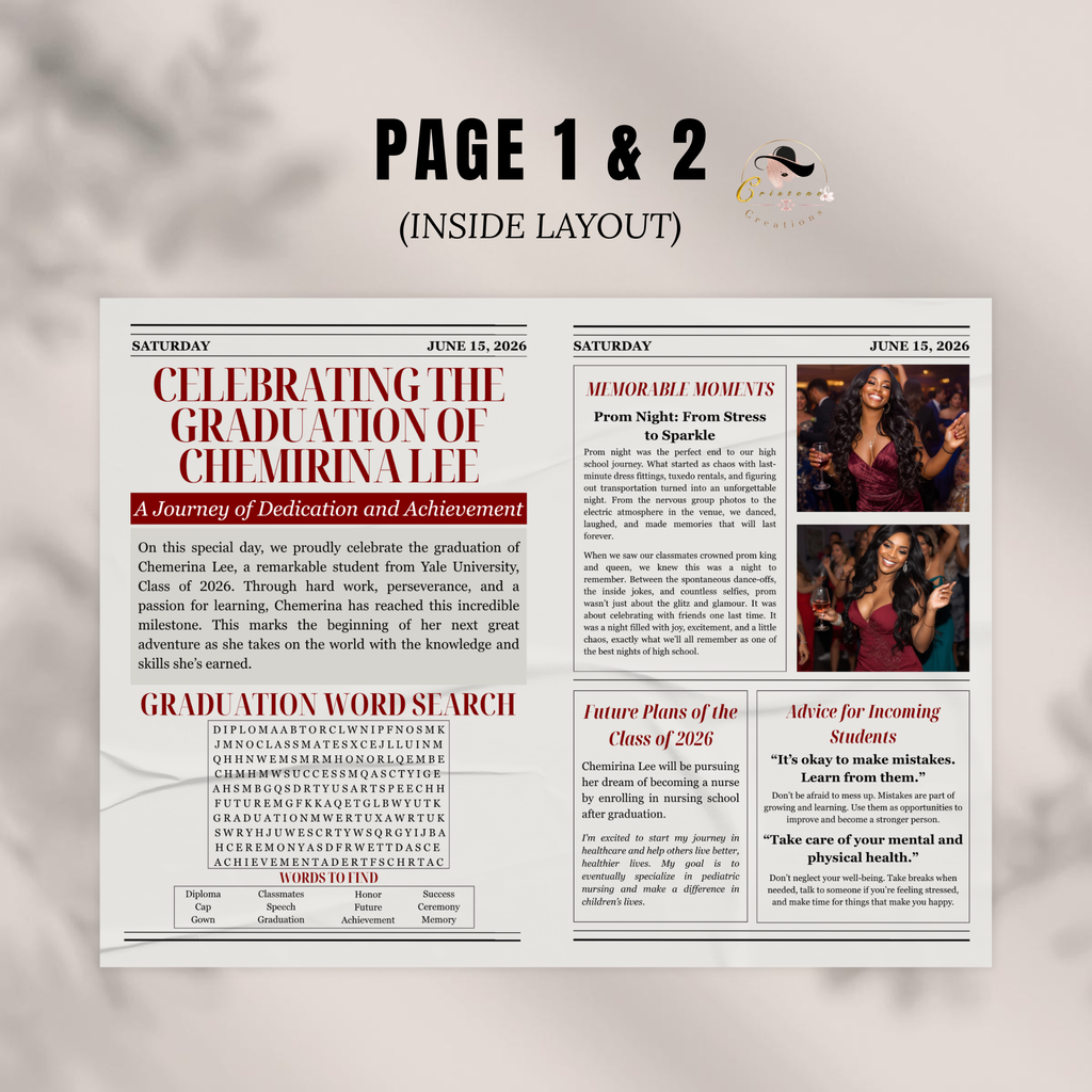 Graduation Newspaper Template with Photo, Class of 2026 Grad Announcement for Him and Her, Maroon Red Editable Canva Printable Invitation