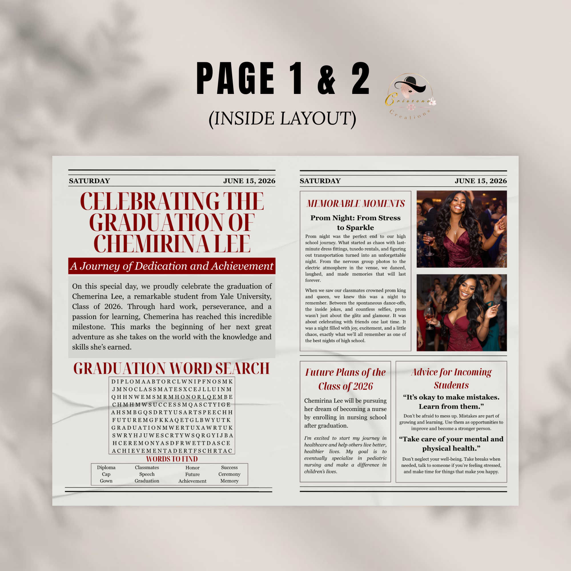 Graduation Newspaper Template with Photo, Class of 2026 Grad Announcement for Him and Her, Maroon Red Editable Canva Printable Invitation