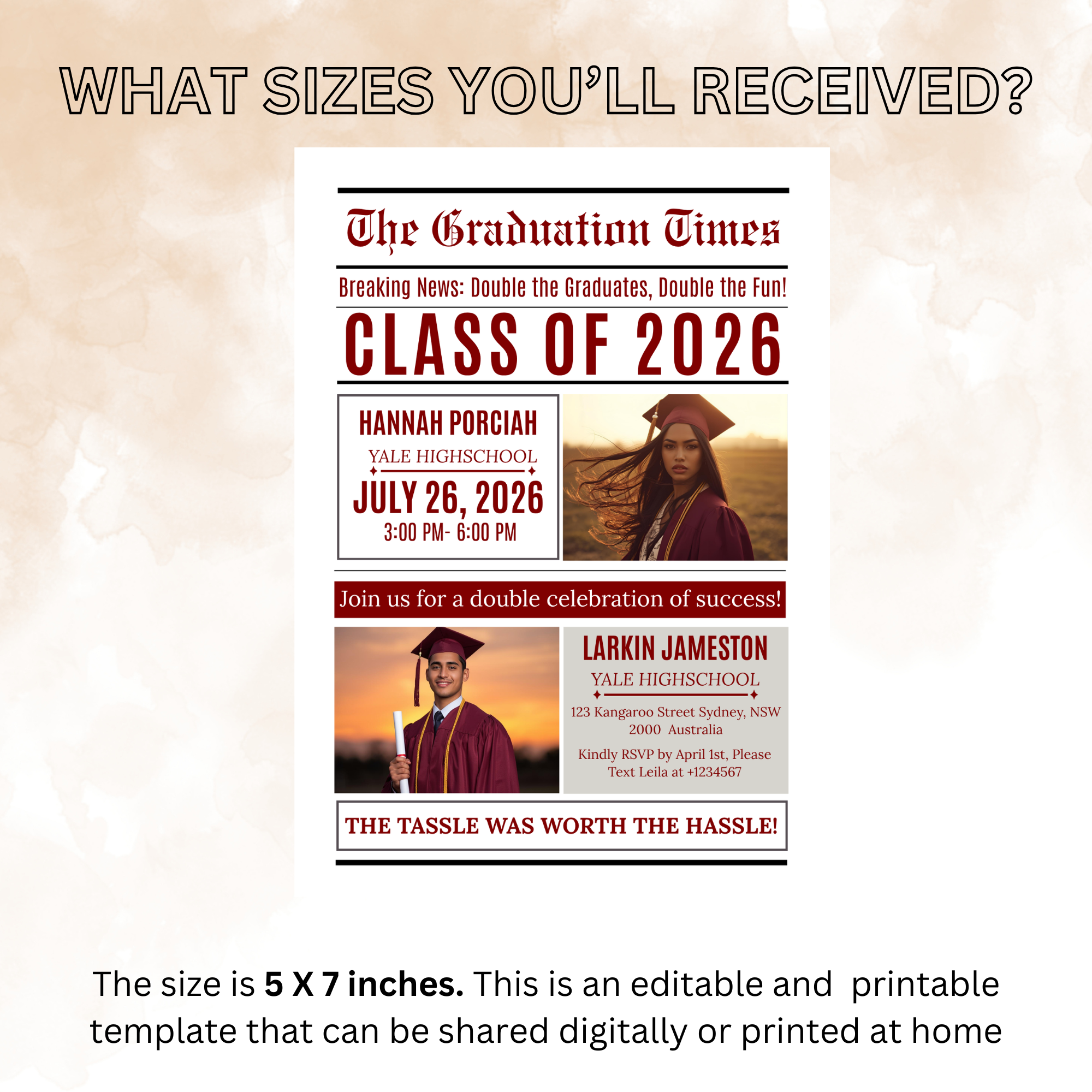 Double Graduation Invitation Newspaper with Photo, Editable Class of 2026 Twin Grad Party Invite, Canva Printable Template for Him and Her