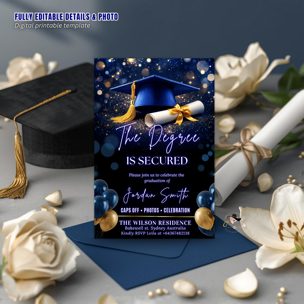 Graduation Announcement Invitation, Senior Grad Party invite, Class of 2026, Boy Girl Flyer Card, Blue Gold Digital Printable Template