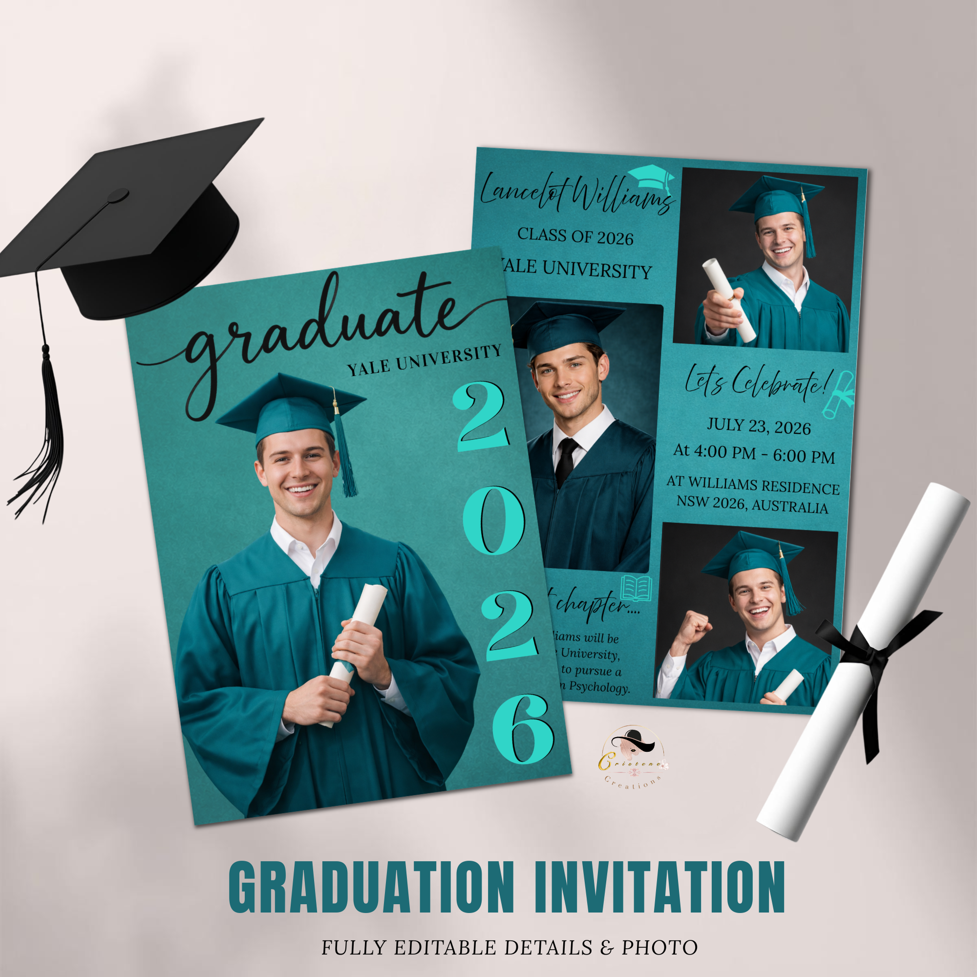 Teal Senior Graduation Invitation, Boy High School Grad with photo invite, Class of 2026, Graduates Flyer Card, Digital Printable Template
