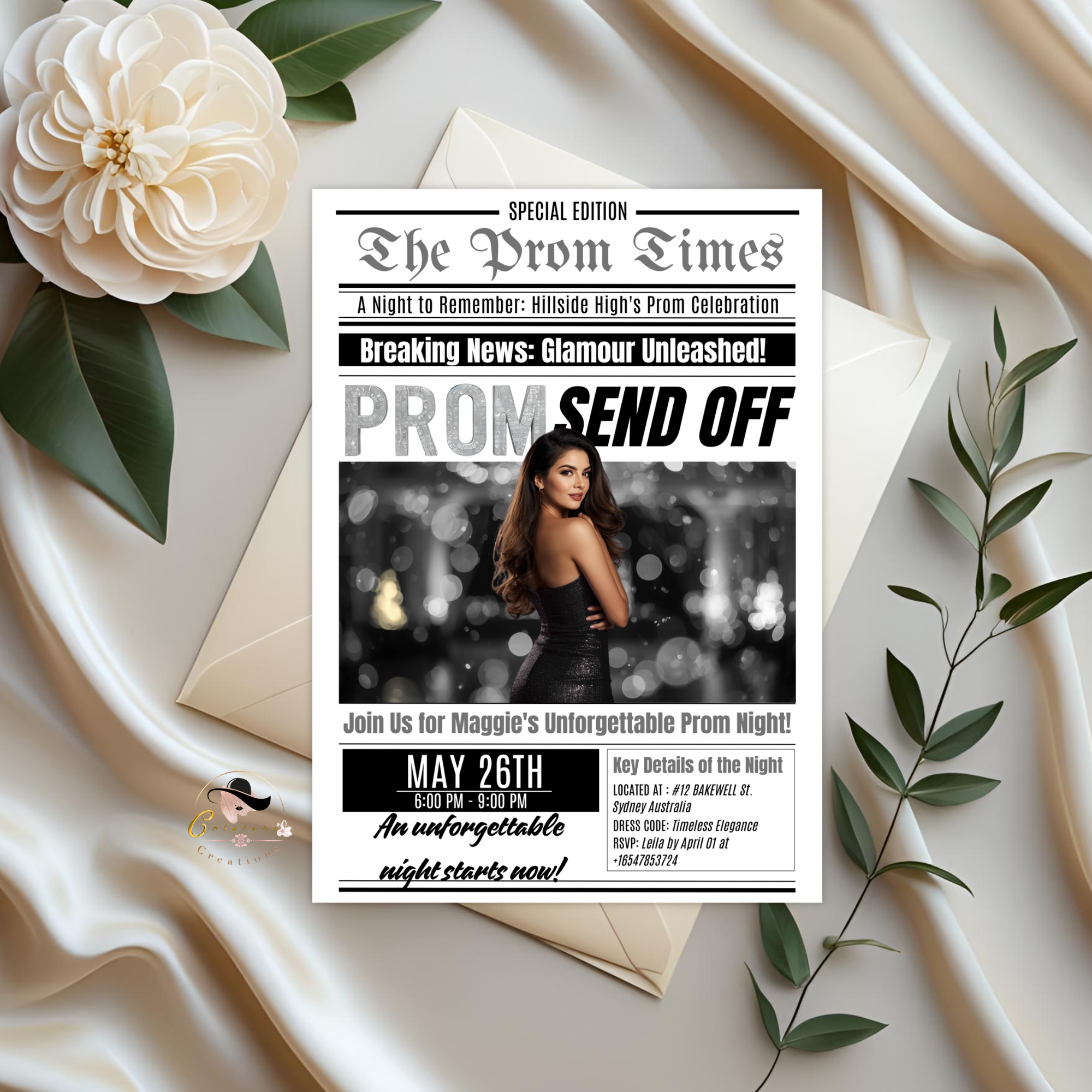 Newspaper Prom Send Off Party Invitation, Prom Queen with photo invite, Teen Boy Prom Night Party Flyer Card, Digital Printable Template