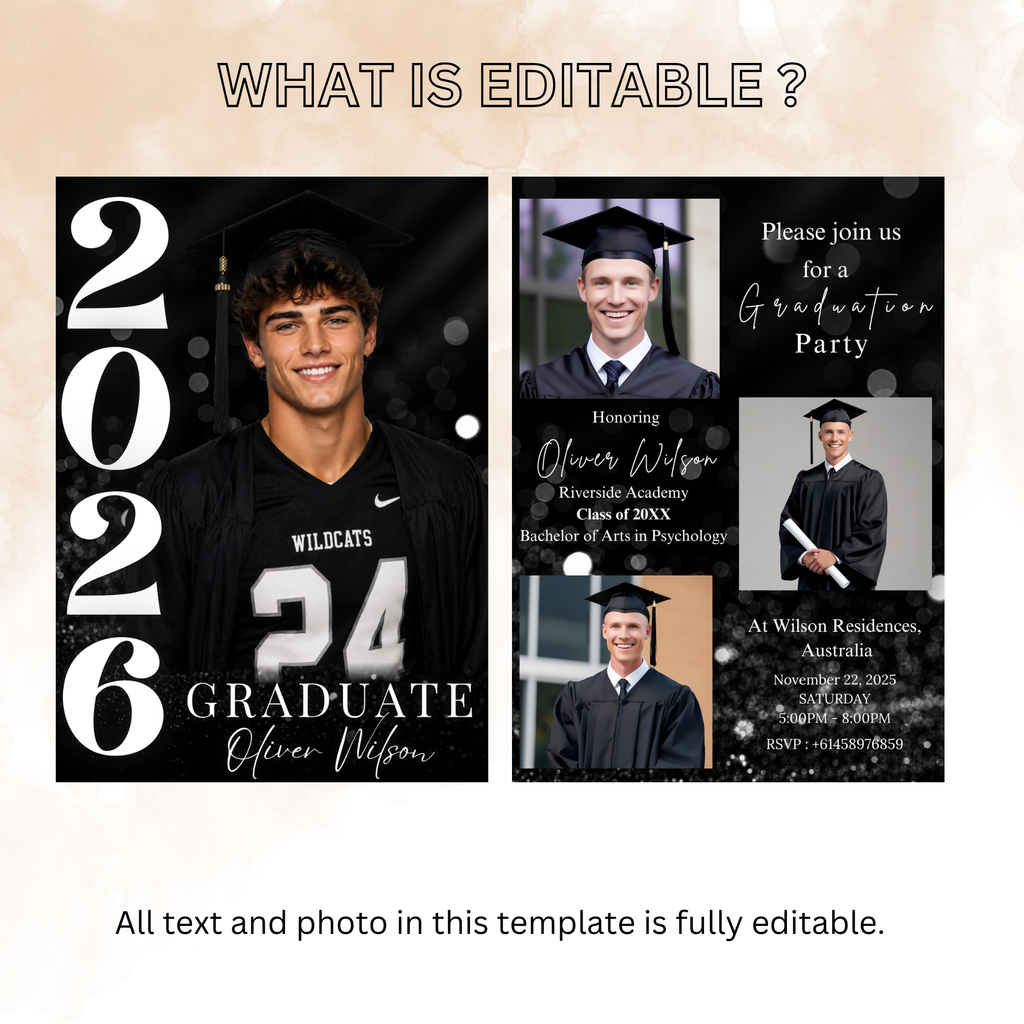 Black Graduation Invitation with Photo for Him, Class of 2026 Senior Grad Party Announcement Invite, Printable Editable Digital Template