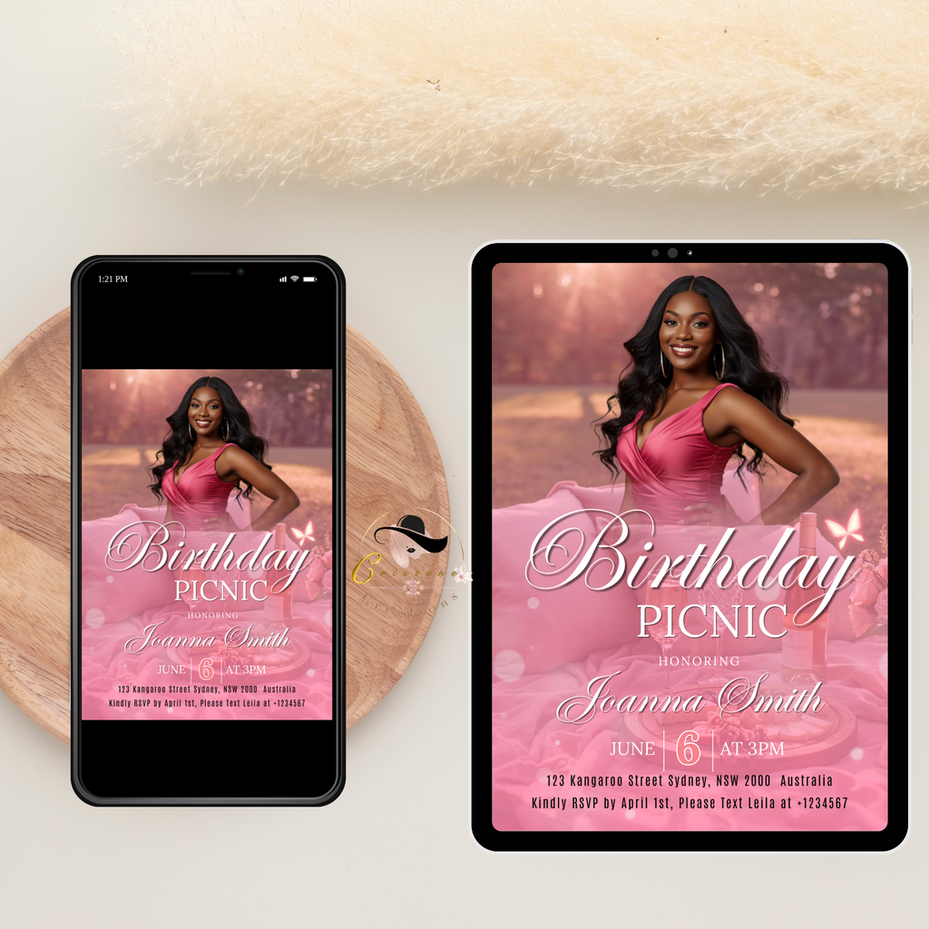 Pink Picnic Birthday Invitation with Photo, Adult Girl Summer Party Invite, Picnic at the Park Invite, Printable Editable Canva Template