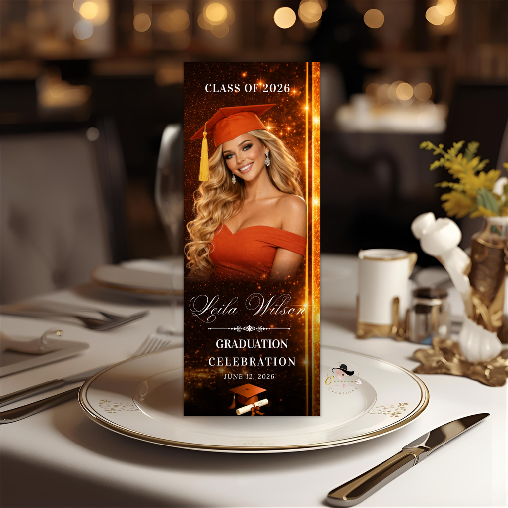 Orange Graduation Menu Card, Class of 2026 Menu with photo, Elegant Grad Dinner Menu Template, Boy Girl Menu, Editable Canva Printable
