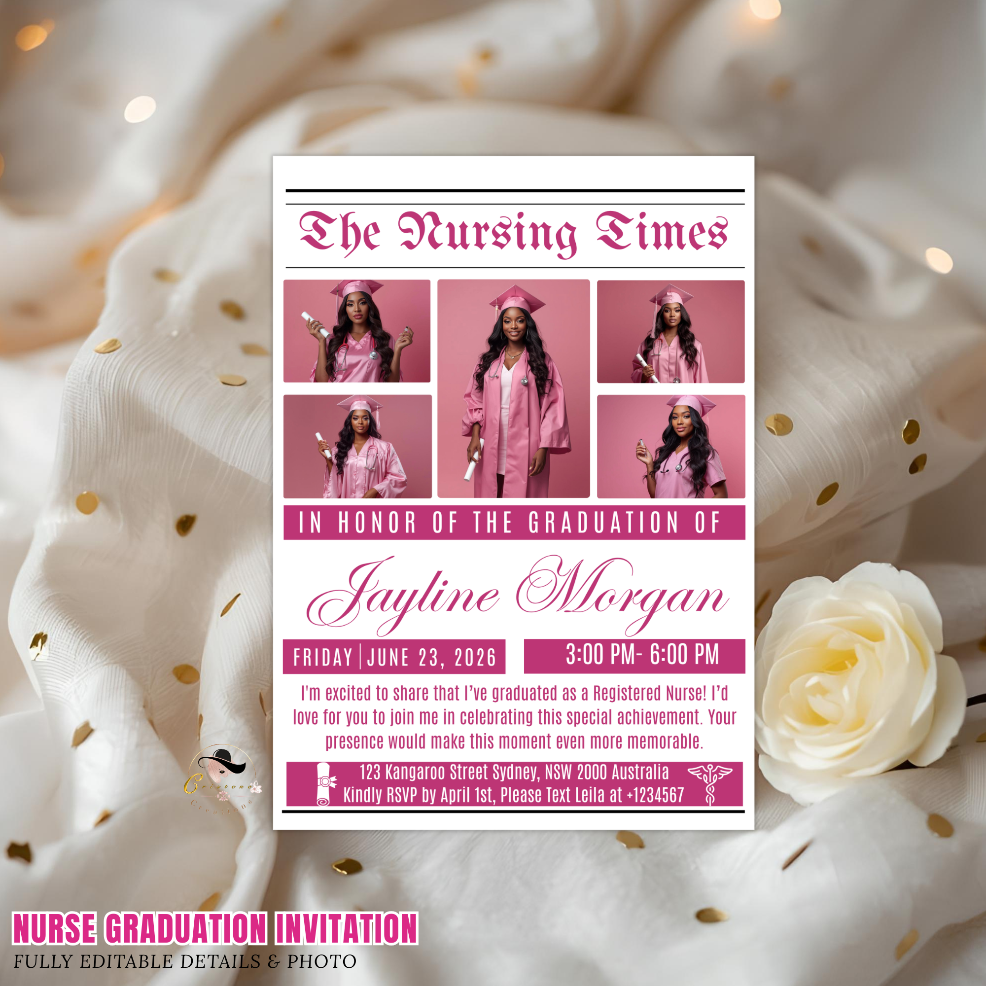 Nursing Graduation Invitation Newspaper Style with Photo, RN BSN LPN Pinning Ceremony Invite, Pink Nurse Grad Invite Editable Canva Template
