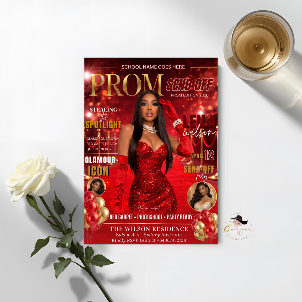 Red Prom Send Off Party Invitation, Prom Queen with photo invite, Girls Prom Night Flyer, Elegant Magazine Cover, Digital Printable Template