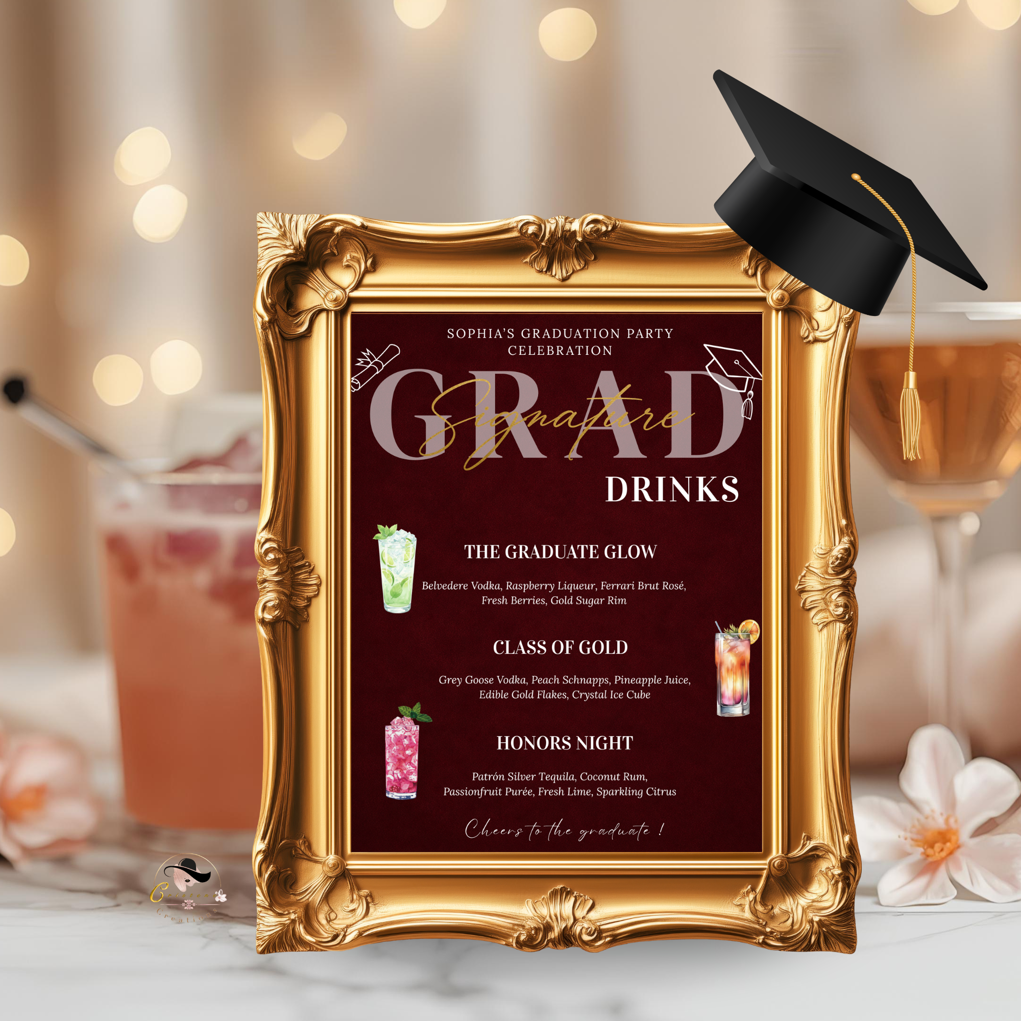 Graduation Signature Drinks Menu, Senior Grad Drink Sign Template for High School College Soda Bar Menu, Dark Red Printable Template