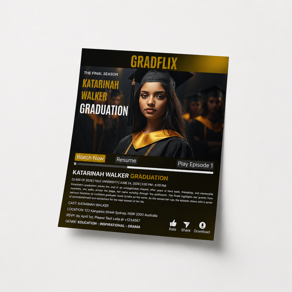 Movie Theme Graduation Invitation with Photo for Him and Her, Black Gold Streaming High School College Grad Party Invite, Printable Template