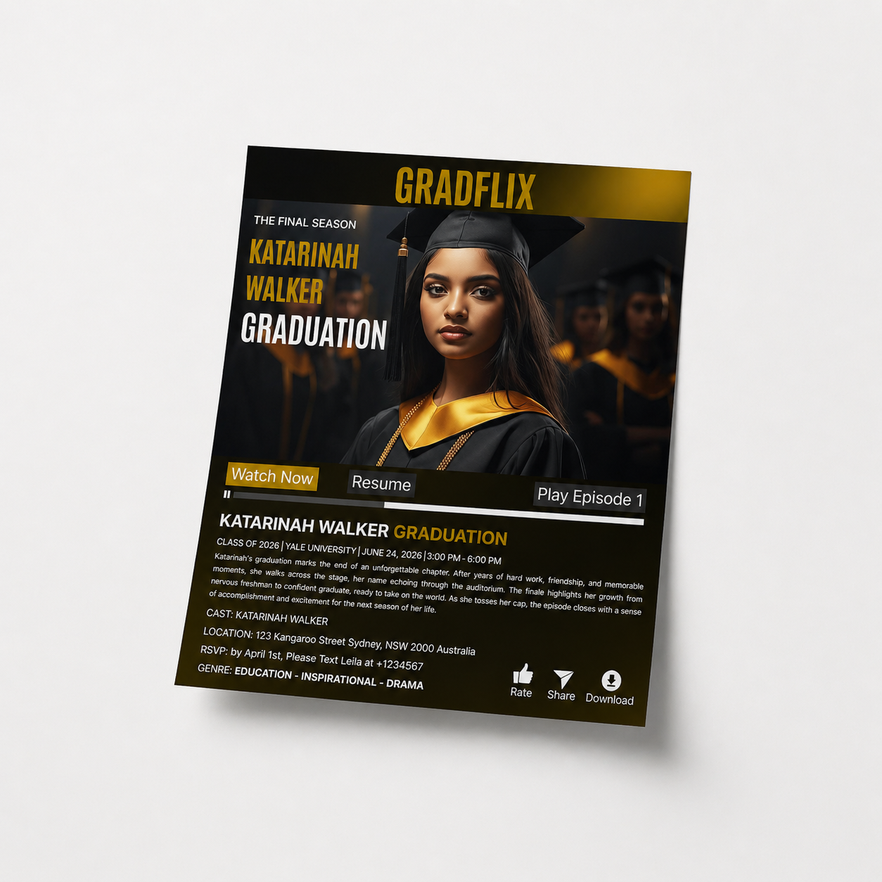 Movie Theme Graduation Invitation with Photo for Him and Her, Black Gold Streaming High School College Grad Party Invite, Printable Template