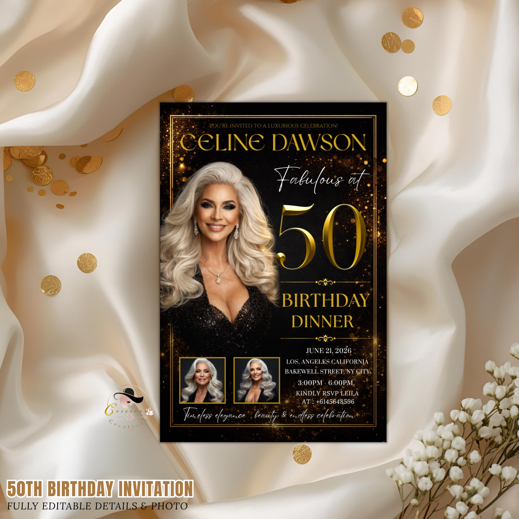 50th Birthday Invitation for Man and Woman, Black and Gold 50 and Fabulous Invite, Dinner Brunch Party Invite, Editable Canva Template