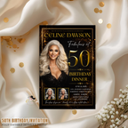 50th Birthday Invitation for Man and Woman, Black and Gold 50 and Fabulous Invite, Dinner Brunch Party Invite, Editable Canva Template