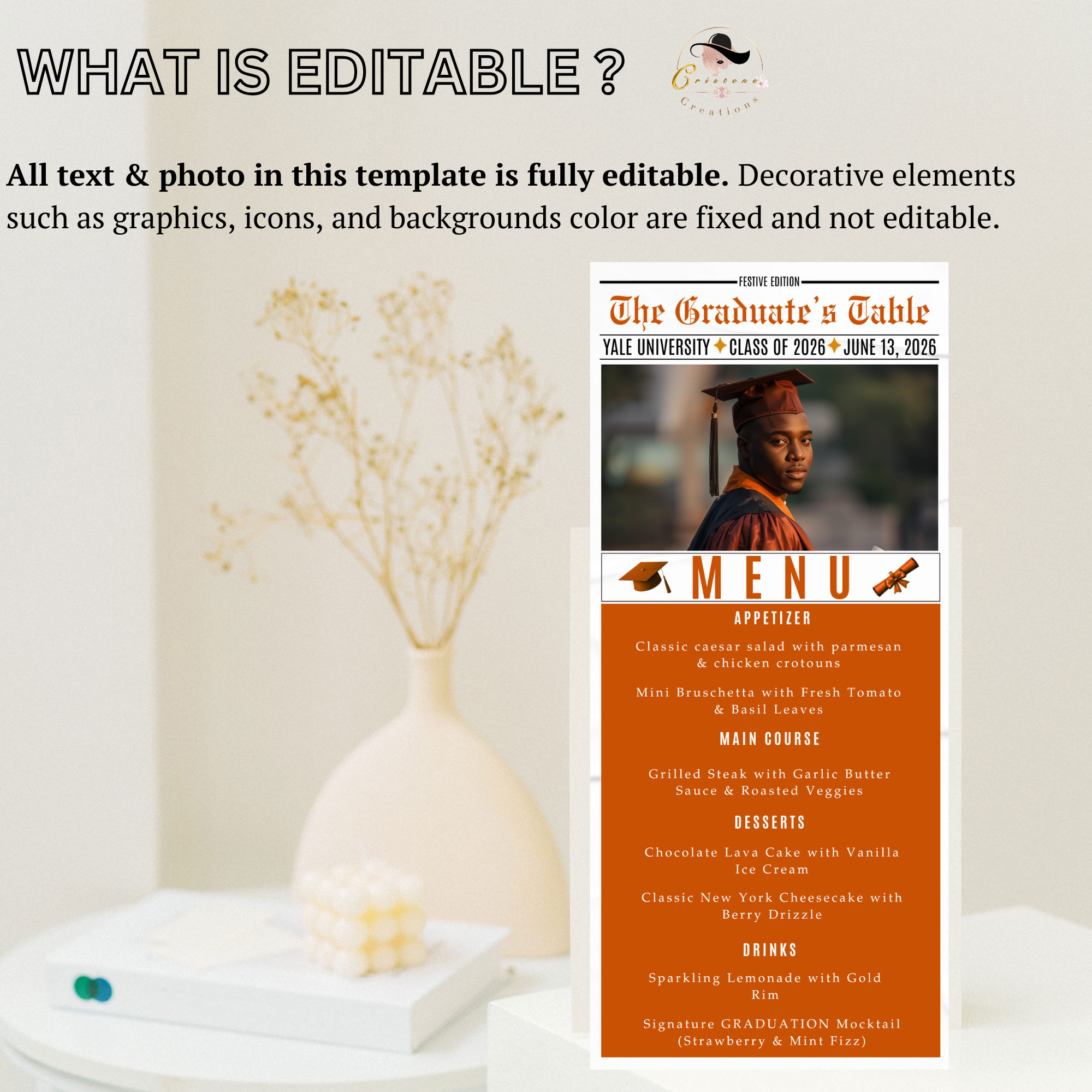 Orange Graduation Newspaper Menu with Photo Template, Senior Grad Dinner Party Menu For Him and Her, Class of 2026 Printable Editable Card