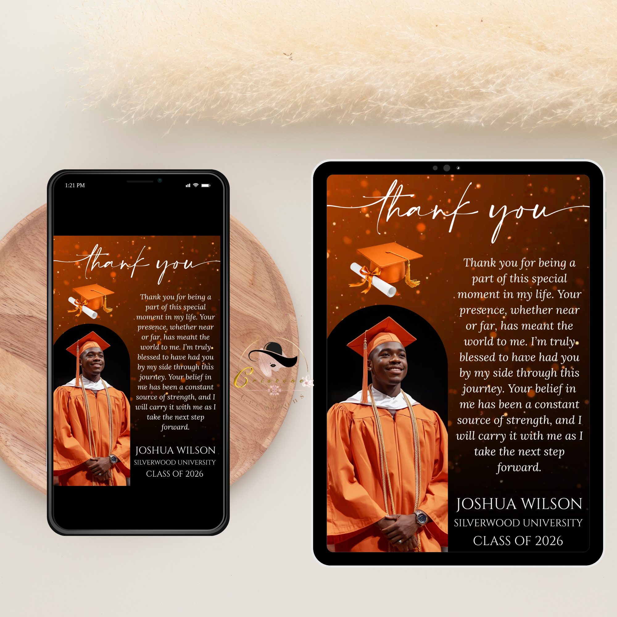 Class of 2026 Graduation Thank You Card with Photo, Orange Grad Party Thank You Note for Him and Her, High School College Printable Template