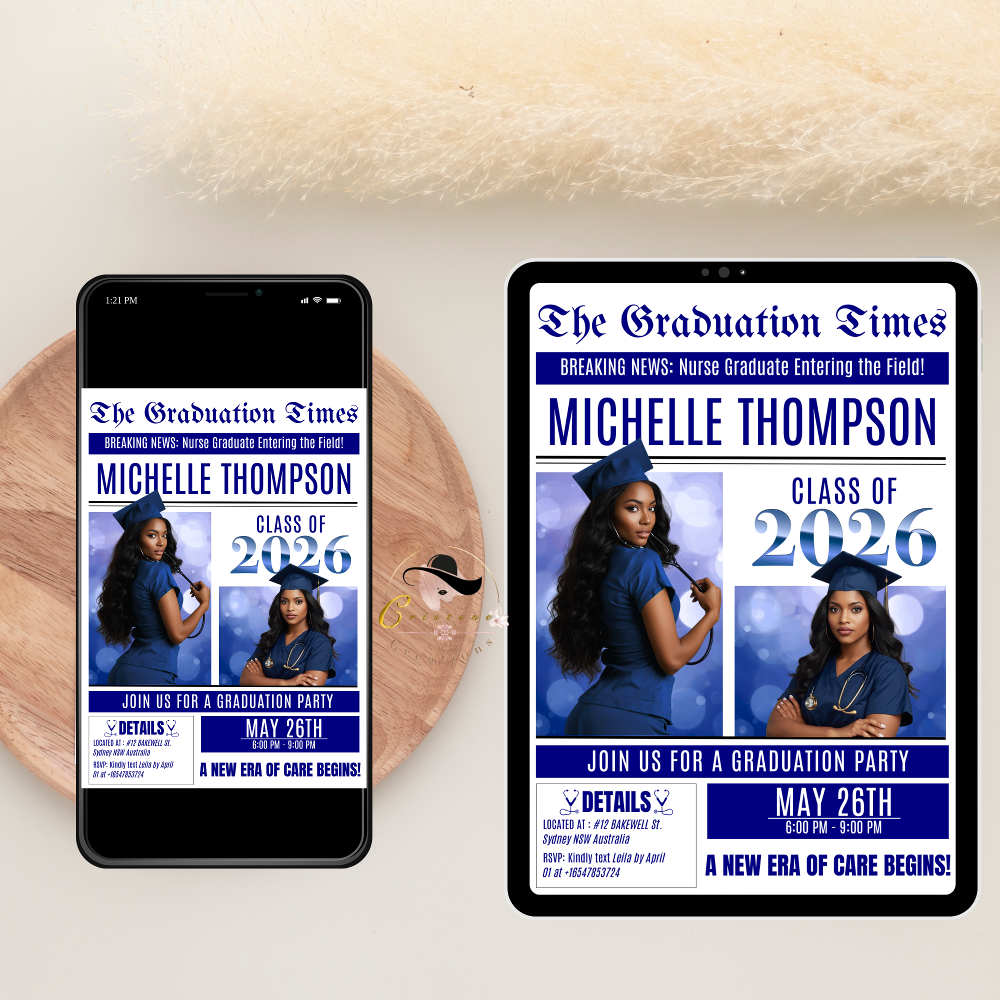 Blue Newspaper Nurse Graduation Invitation, 2026 RN Pinning Ceremony with photo invite, Woman LPN Nursing Graduates, Boy BSN Flyer Template