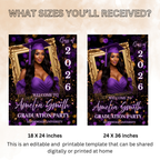 Purple Graduation Welcome Sign with Photo, Class of 2026 Senior Grad Party Sign for Him and Her, High School College Editable Canva Template