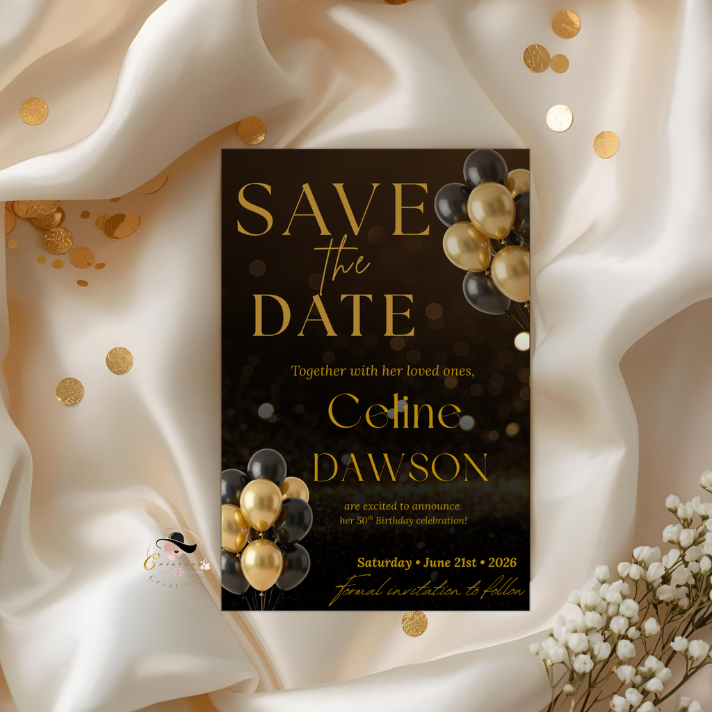 Black Gold Save the Date Invitation, Birthday Party Save Date invite, Retirement Event Card, Elegant Printable Canva Digital Template