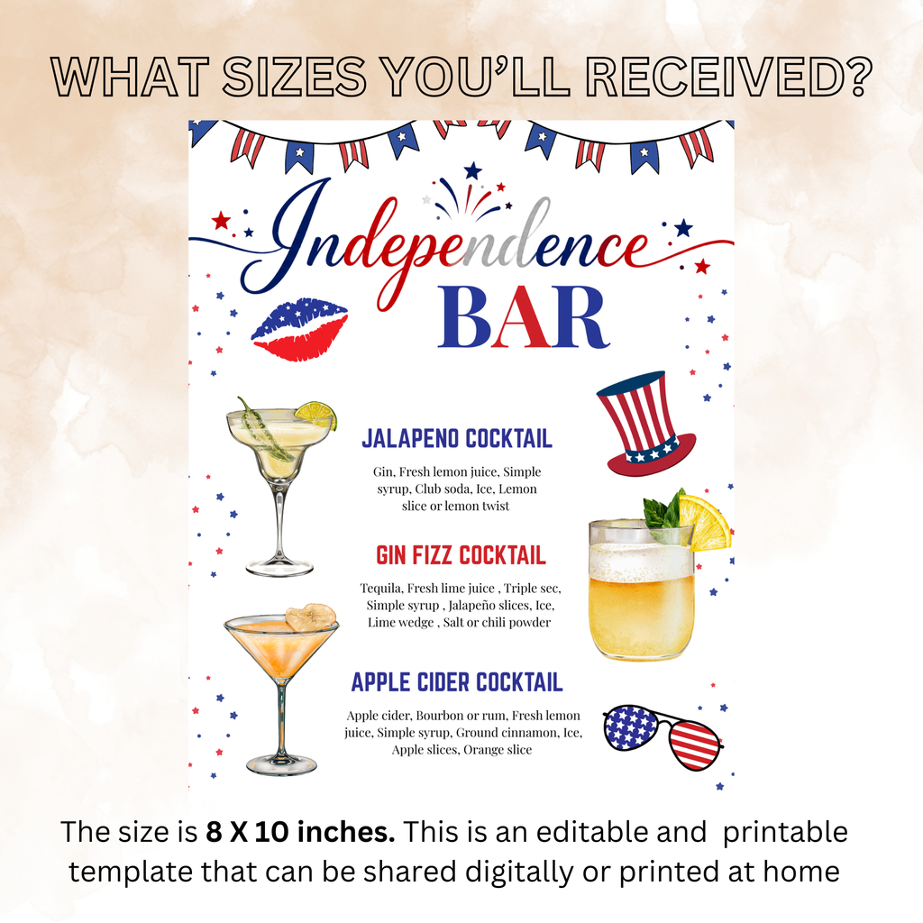 4th of July Drink Menu Sign, Patriotic Signature Drinks Bar Menu, Red White Blue Independence Day Cocktails Sign, Printable Canva Template