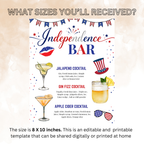 4th of July Drink Menu Sign, Patriotic Signature Drinks Bar Menu, Red White Blue Independence Day Cocktails Sign, Printable Canva Template