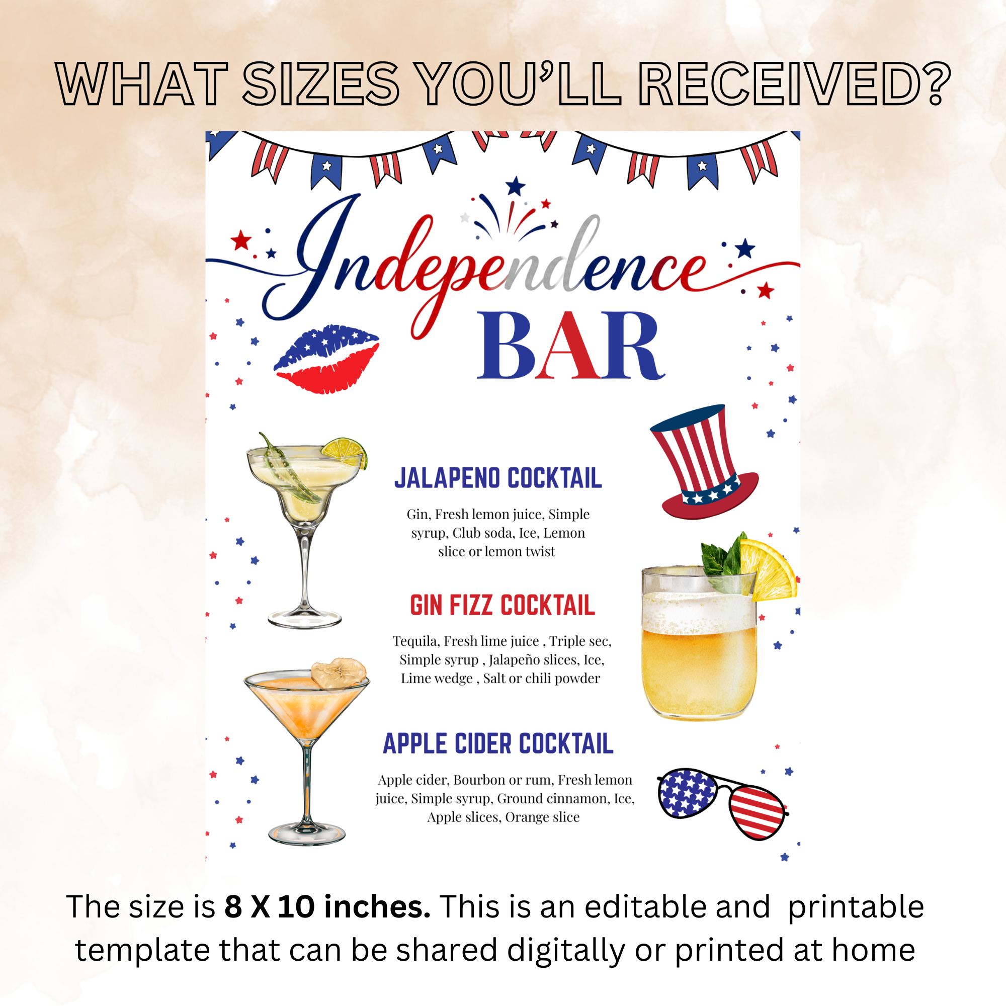 4th of July Drink Menu Sign, Patriotic Signature Drinks Bar Menu, Red White Blue Independence Day Cocktails Sign, Printable Canva Template