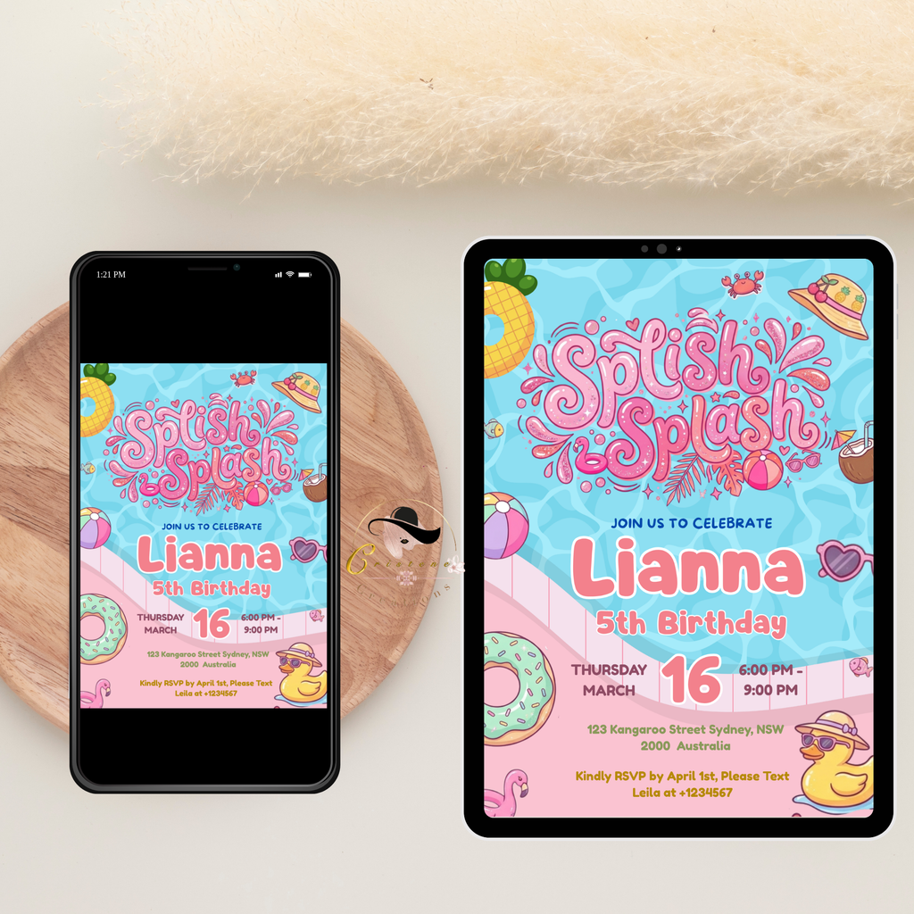 Pool Birthday Party Invitation for Girl, Splish Splash Invite, Summer Beach Kids Invite, Tropical Aloha Luau Invite, Printable Template