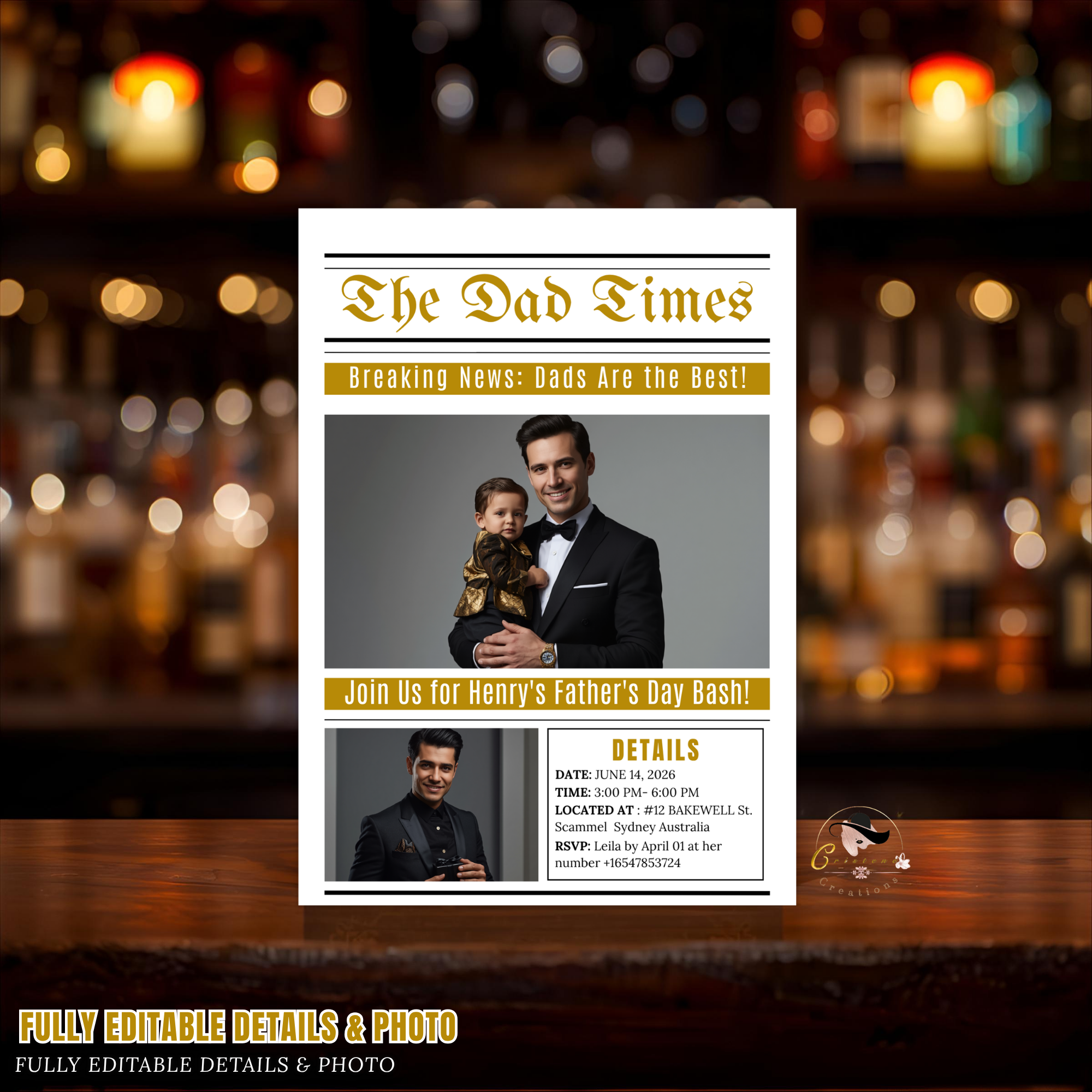 Fathers Day Invitation Newspaper Style with Photo, Dad Party Invite, Dinner Invite Editable Canva Template Printable Celebration Flyer Card
