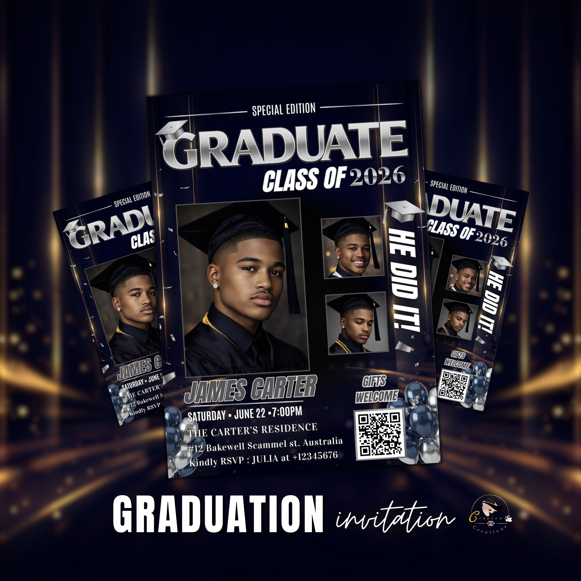Boy Graduation Invitation, Senior Grad Party with photos invite, Male College High school Graduates Announcement, Blue Silver Flyer Template