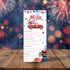 4th of July Menu Template, Independence Day BBQ Cookout Menu, USA Patriotic Dinner Brunch Party Menu Red White Blue Editable Canva Printable
