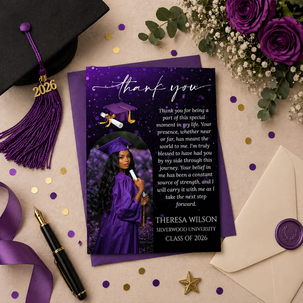Purple Graduation Thank You Card with Photo, Grad Party Thank You Note for Him and Her, Class of 2026 Appreciation Card, Printable Template