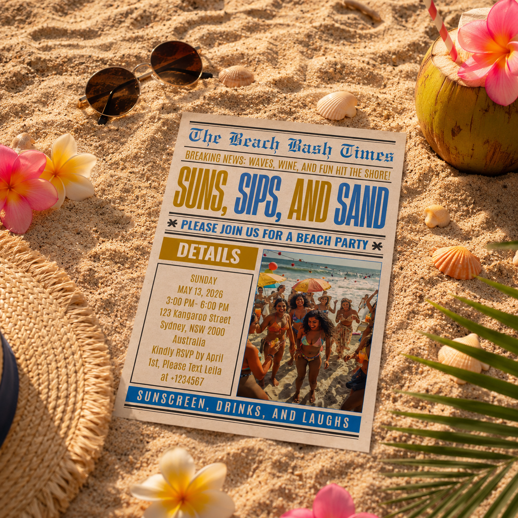 Beach Birthday Party Invitation with Photo, Tropical Summer Celebration Invite, Aloha Luau Invite, Printable Editable Canva Template