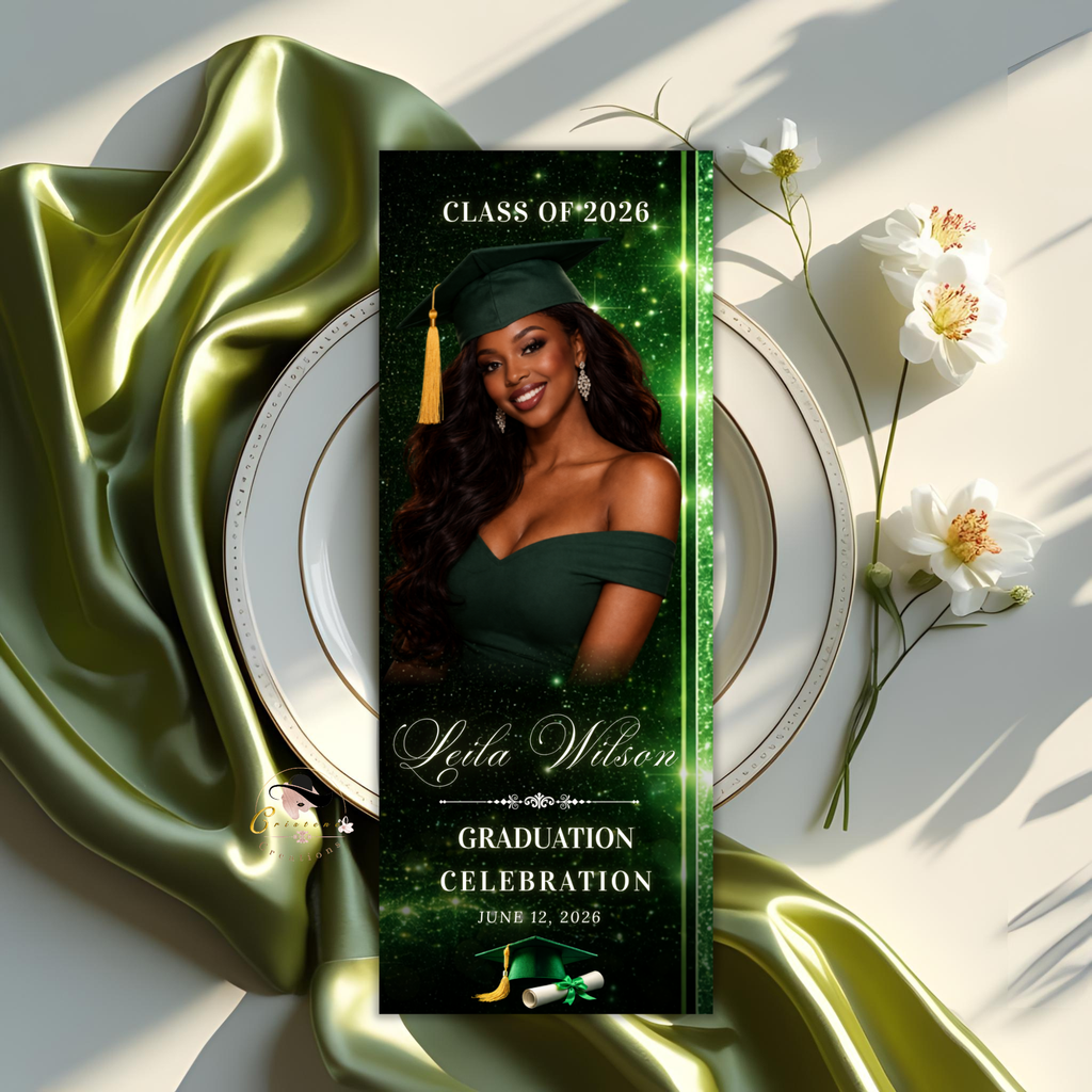 Green Graduation Dinner Menu with Photo, Class of 2026 Menu Card, Elegant Grad Brunch Menu Template, Girl Boy Menu, Editable Canva Printable