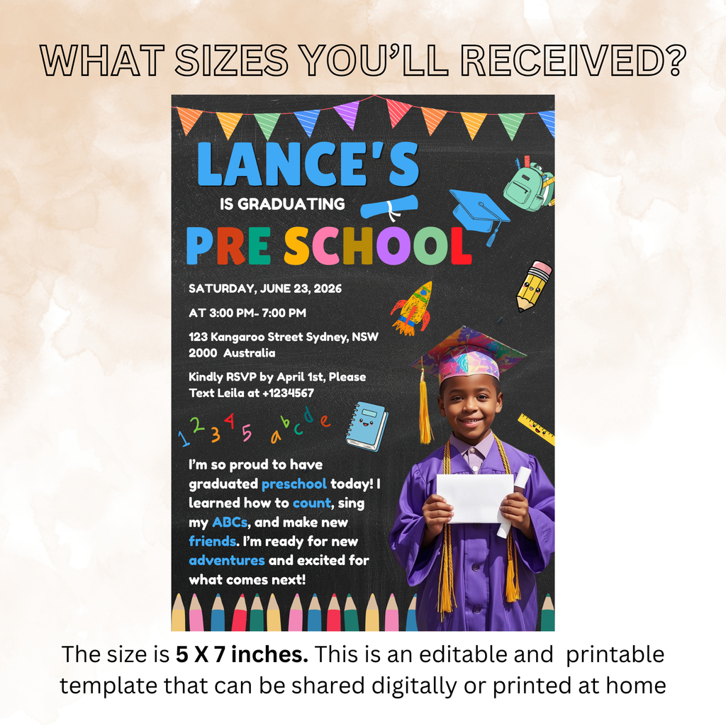 Pre K Graduation Invitation with Photo, Kindergarten Graduation Invite, Class of 2026 Preschool Grad Party Editable Canva Printable Template