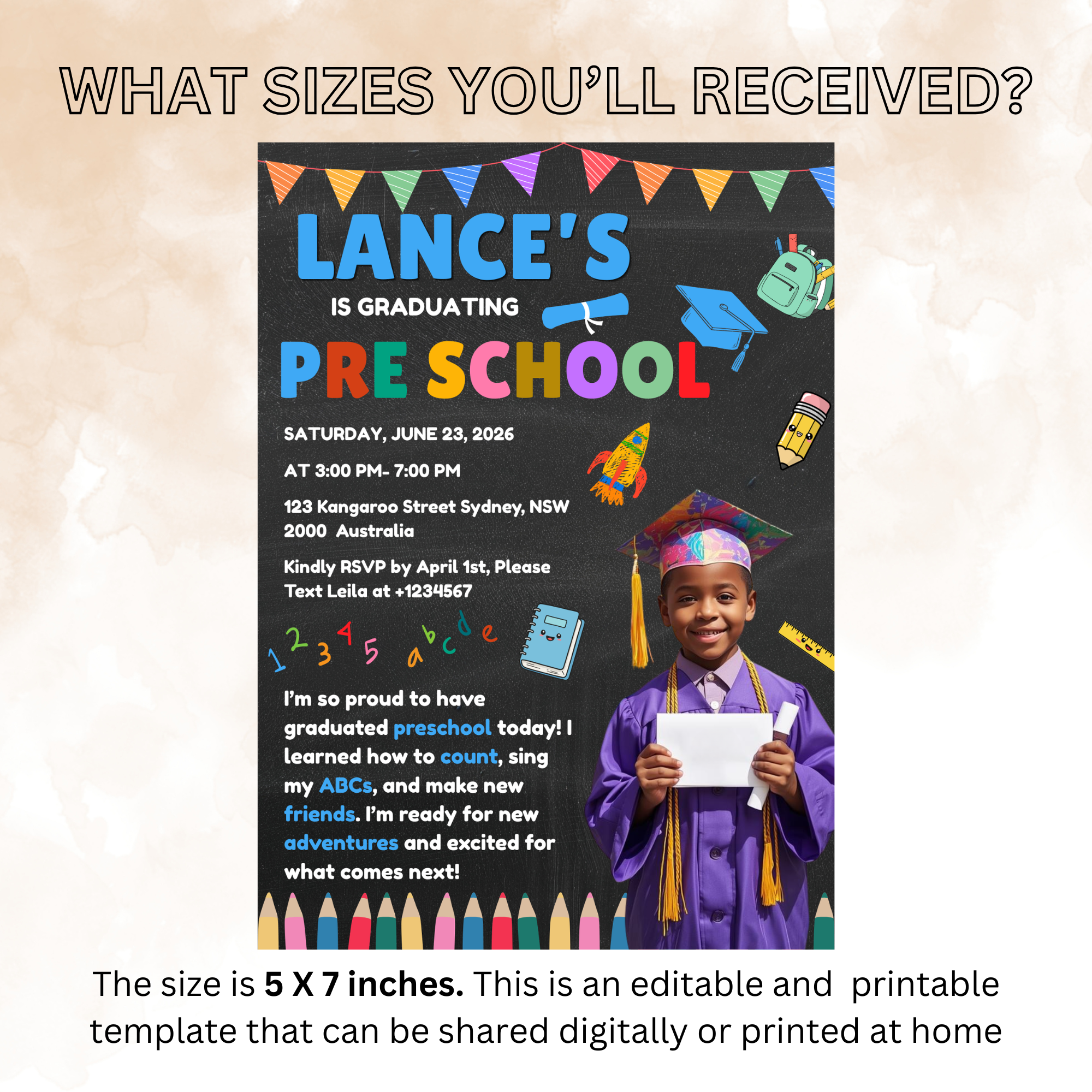 Pre K Graduation Invitation with Photo, Kindergarten Graduation Invite, Class of 2026 Preschool Grad Party Editable Canva Printable Template