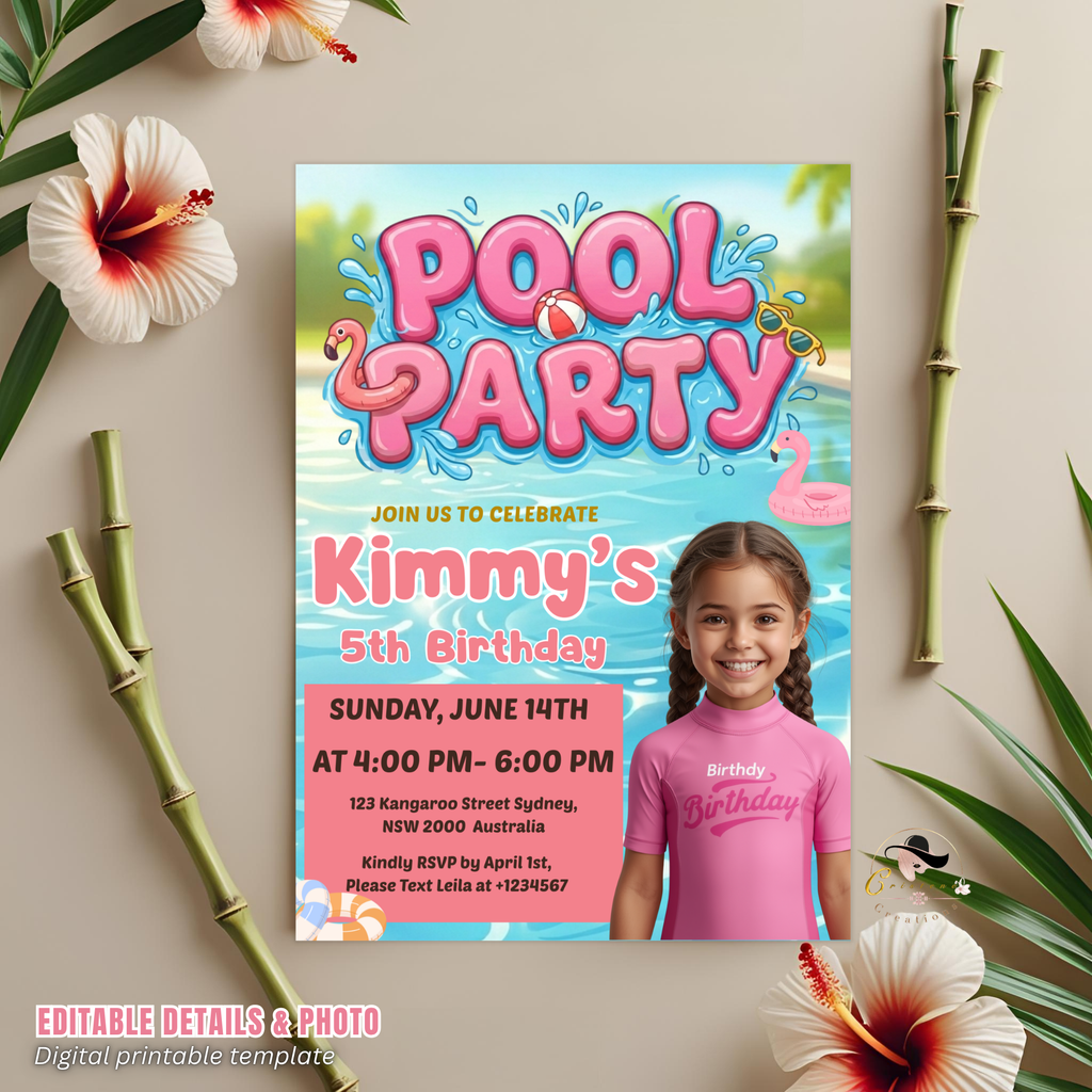 Kids Pool Party Birthday Invitation with Photo, Tropical Summer Splash Party Invite, Girl Splish Splash Invite, Editable Canva Template