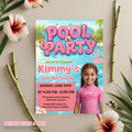 Kids Pool Party Birthday Invitation with Photo, Tropical Summer Splash Party Invite, Girl Splish Splash Invite, Editable Canva Template