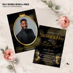 Editable Fathers Day Invitation with Photo, Black Gold Suit and Tie Dad Brunch or Dinner Invite, Canva Printable Digital Template