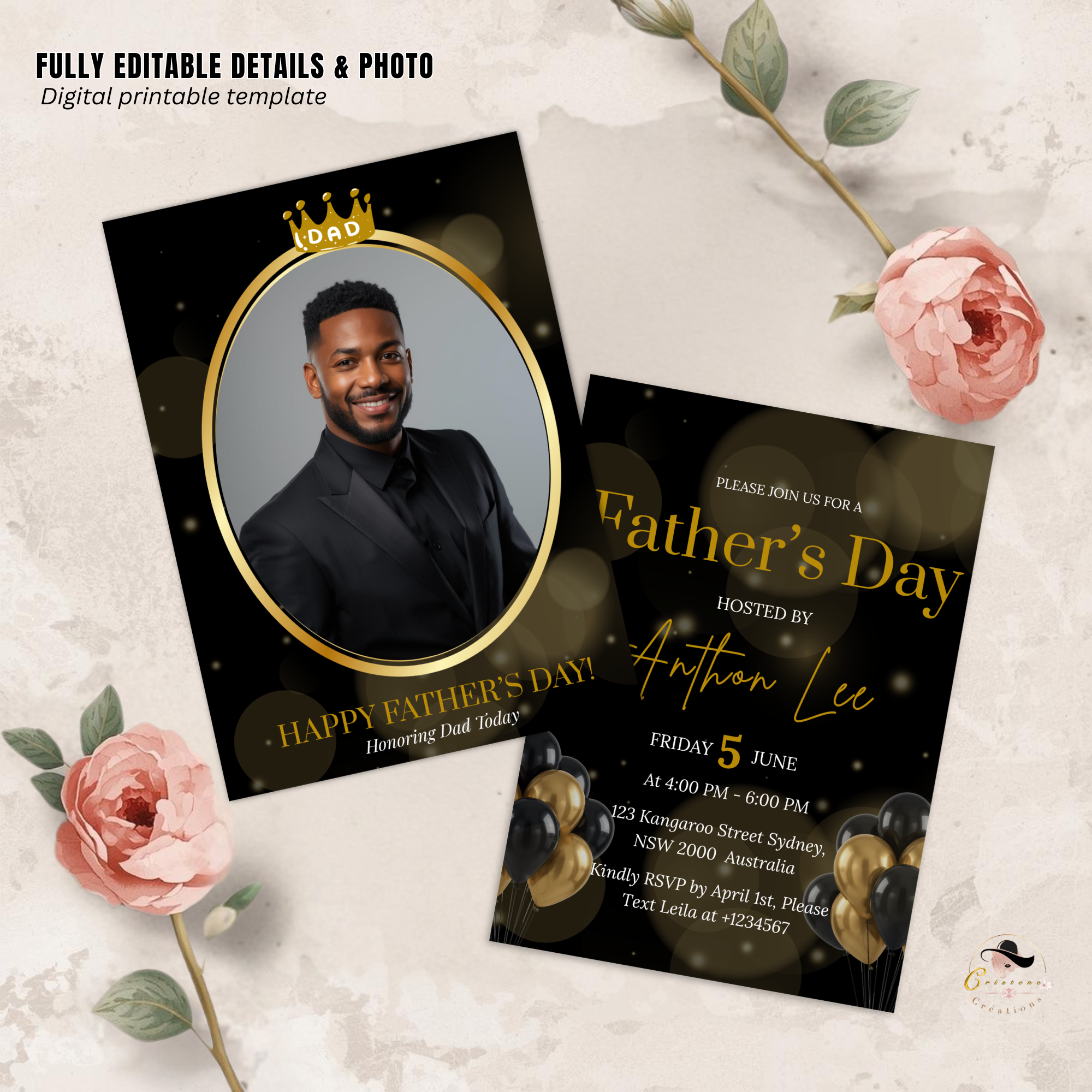 Editable Fathers Day Invitation with Photo, Black Gold Suit and Tie Dad Brunch or Dinner Invite, Canva Printable Digital Template