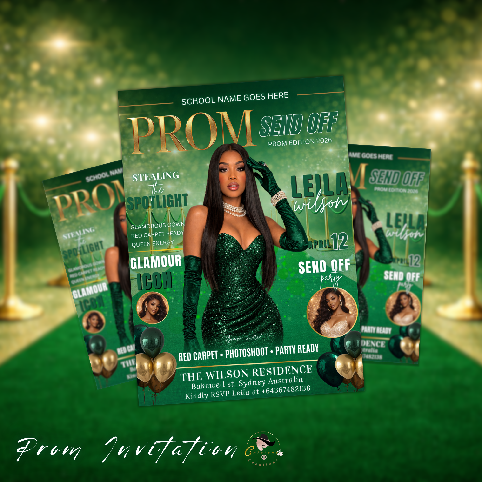 Green Gold Prom Send Off Party Invitation, Prom Queen with photo invite, Girls Prom Night Flyer, Magazine Cover Digital Printable Template