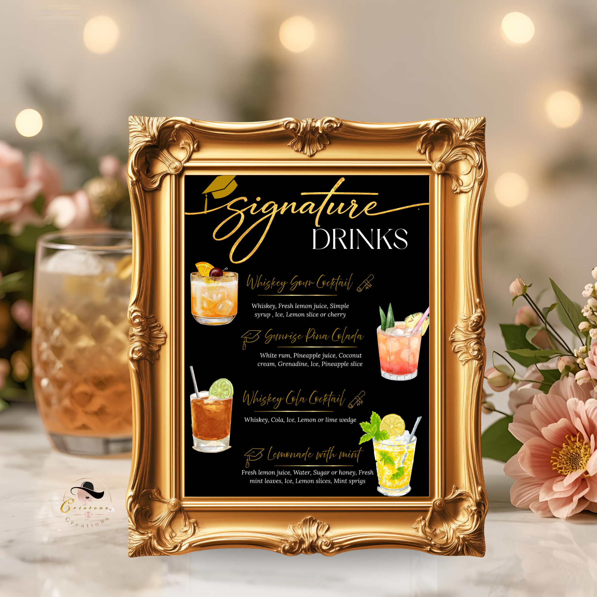Graduation Signature Drink Sign, Grad Drink Menu Template, Class of 2026 Bar Menu, Black Gold Printable Party Sign