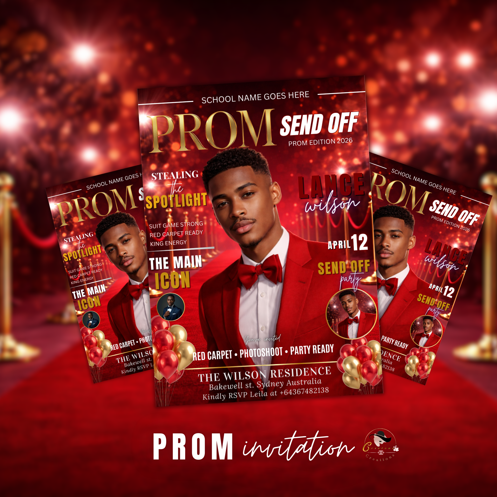 Red Gold Prom Send Off Party Invitation, Prom King with photo invite, Boys Prom Night Flyer Card High School Prom Digital Printable Template