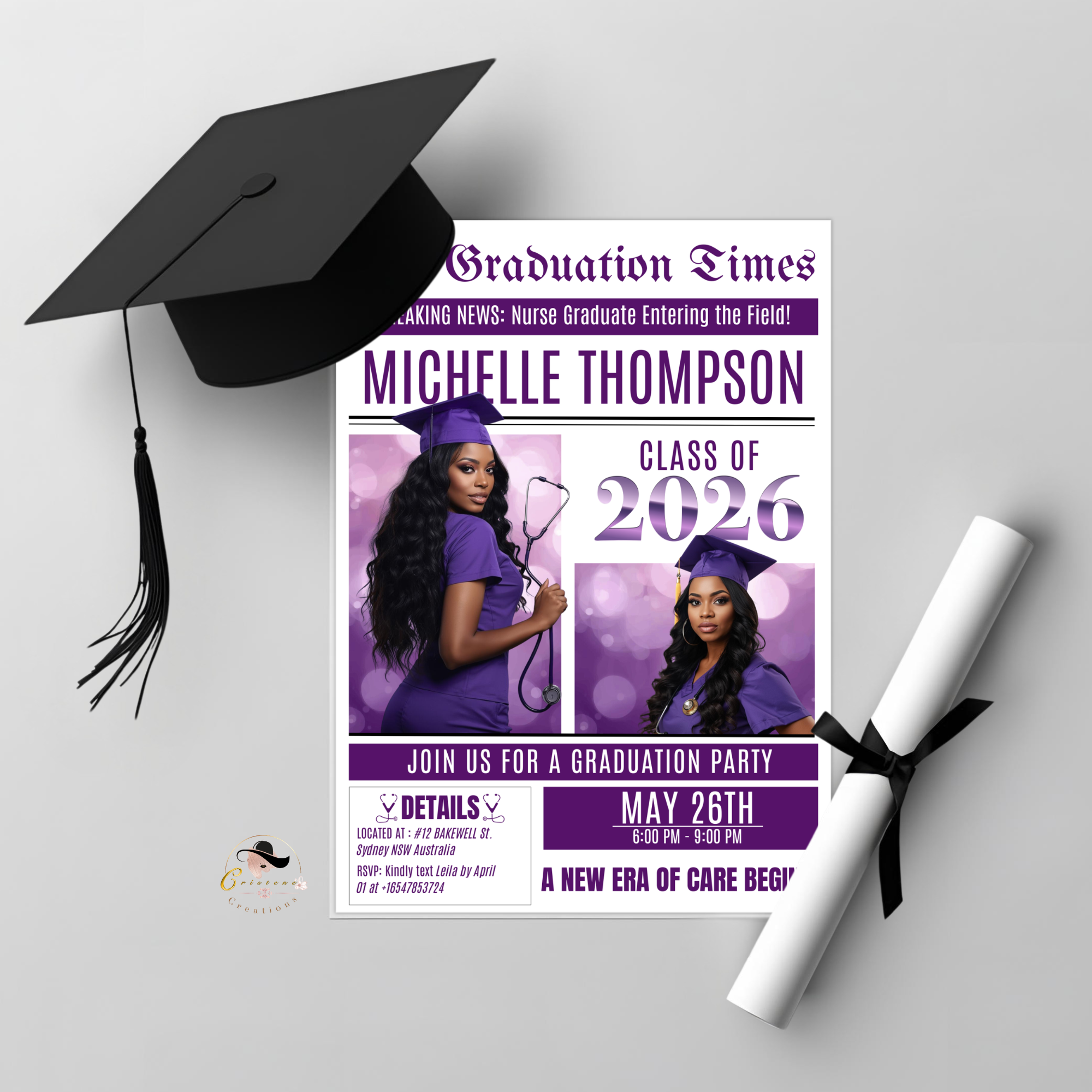 Newspaper Nurse Graduation Announcement Invitation, RN Pinning Ceremony with photo invite, LPN Nursing Graduates, BSN Purple Flyer Template