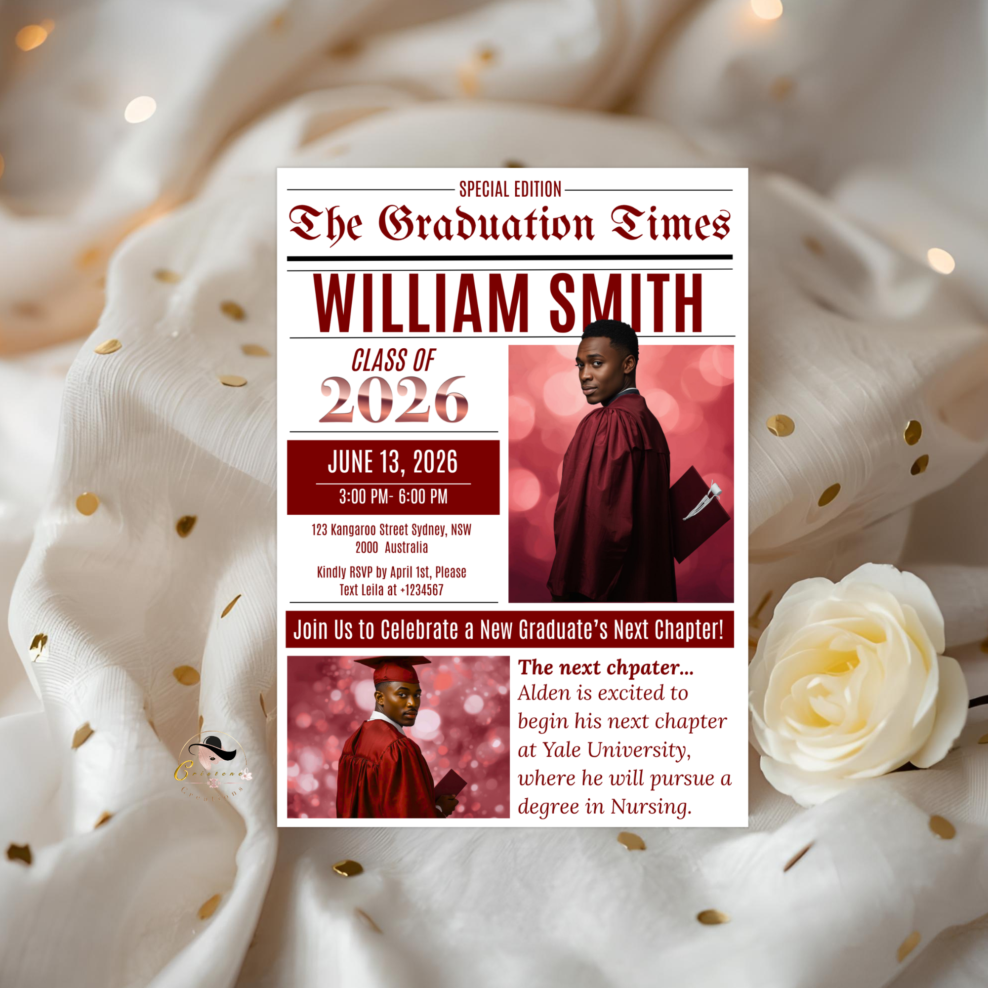 Newspaper Graduation Invitation with Photo, Senior High School Grad Invite for Boy and Girl, Class of 2026, Red Maroon Canva Template