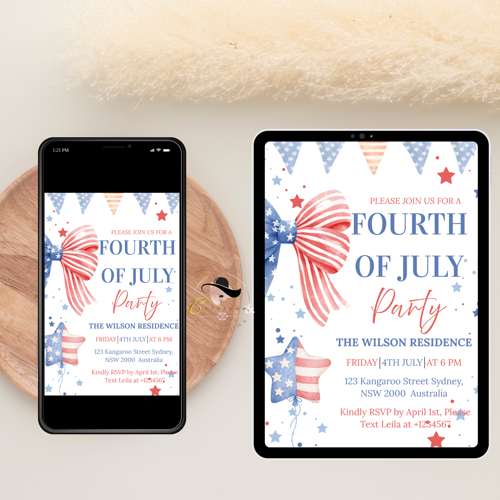 Bow 4th of July Invitation, Fourth of July BBQ invite, USA Independence day, Patriotic Invite, Red White Blue, Digital Printable template