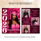 Pink Graduation Invitation with Photo for Her, Class of 2026 Grad Announcement Invite, College High School Printable Editable Canva Template