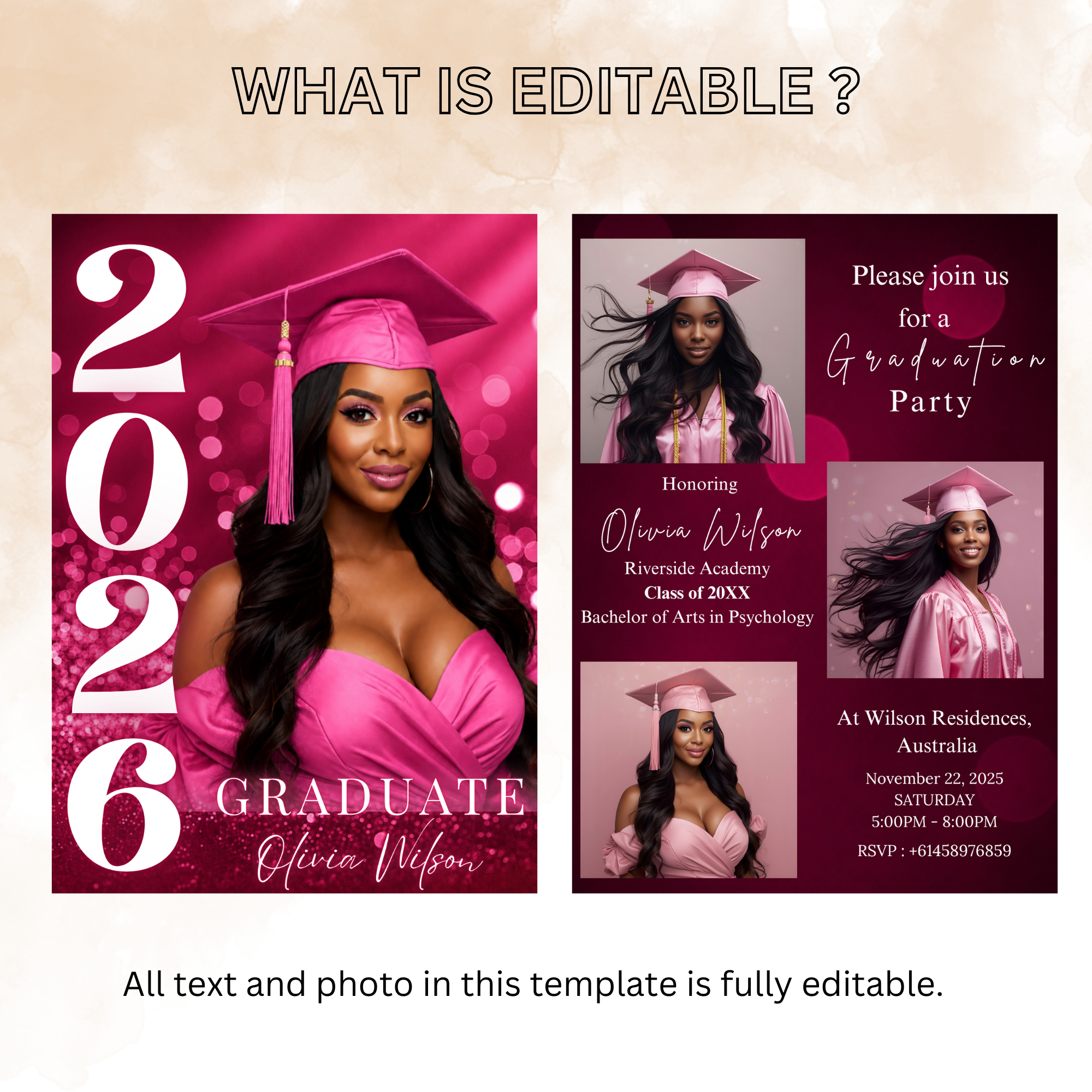Pink Graduation Invitation with Photo for Her, Class of 2026 Grad Announcement Invite, College High School Printable Editable Canva Template